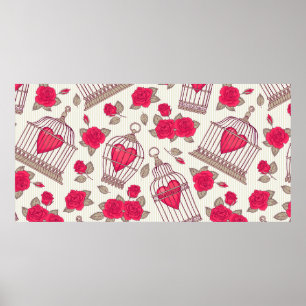 Seamless pattern with flowers and bird cages. Rose Poster