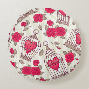 Seamless pattern with flowers and bird cages. Rose Round Cushion