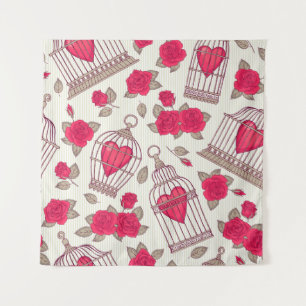 Seamless pattern with flowers and bird cages. Rose Tapestry