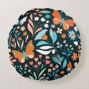 Seamless pattern with flowers and butterflies round cushion