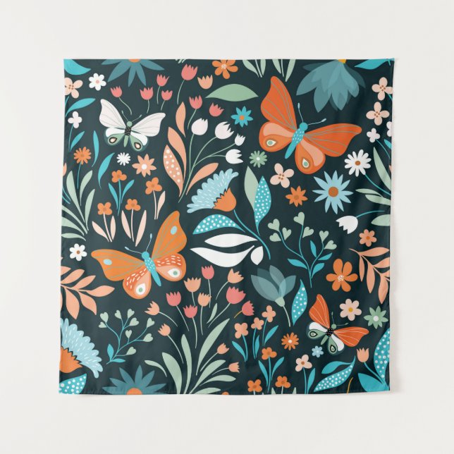 Seamless pattern with flowers and butterflies tapestry (Front)