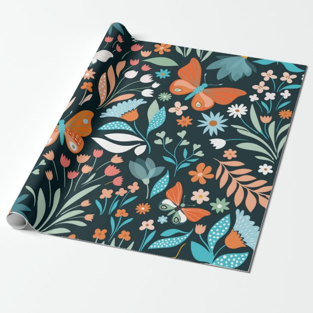 Seamless pattern with flowers and butterflies wrapping paper (Unrolled)