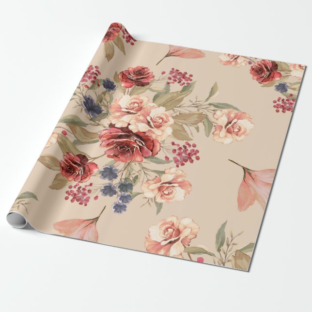 Seamless pattern with flowers and leaves. Floral p Wrapping Paper (Unrolled)