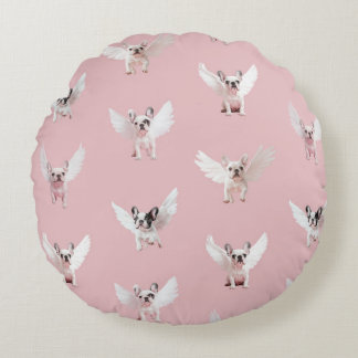Seamless Pattern with Flying French Bulldog Round Cushion
