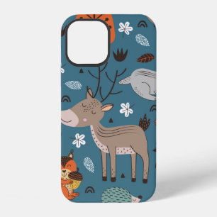 Seamless pattern with forest animals on blue backg iPhone 12 case