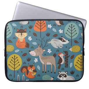 Seamless pattern with forest animals on blue backg laptop sleeve