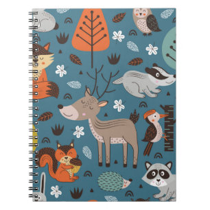 Seamless pattern with forest animals on blue backg notebook