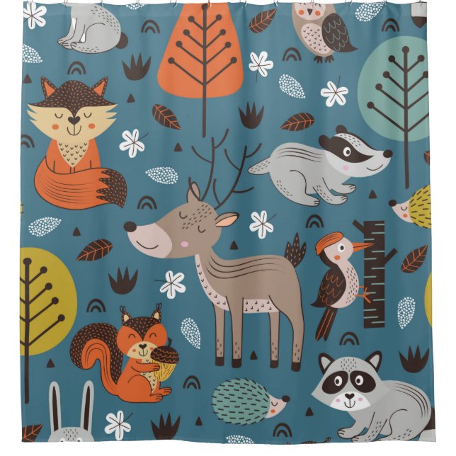 Seamless pattern with forest animals on blue backg shower curtain (Front)