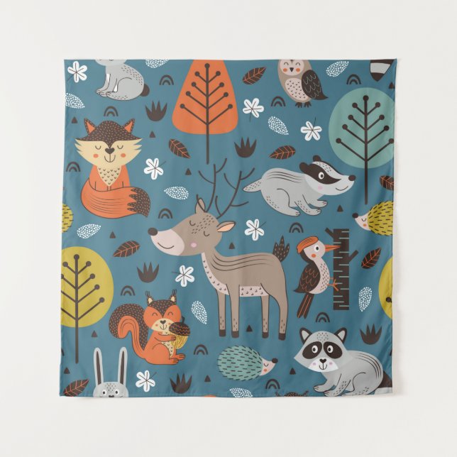 Seamless pattern with forest animals on blue backg tapestry (Front)