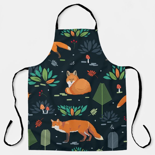 Seamless pattern with Foxes, trees, leaves, mushro Apron (Front)