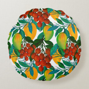 Seamless pattern with fresh bright exotic mango ra round cushion