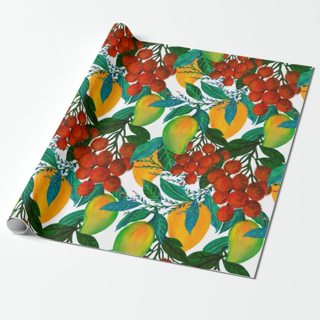 Seamless pattern with fresh bright exotic mango ra wrapping paper (Unrolled)