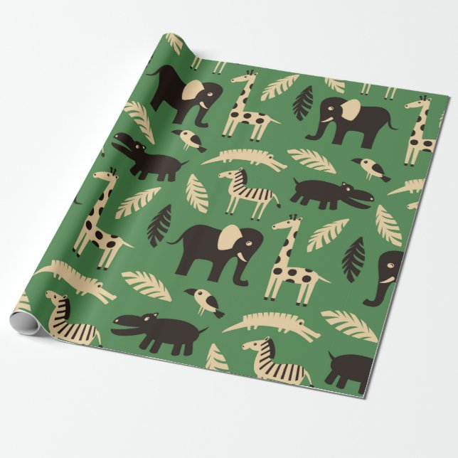 Seamless pattern with funny African animals and pl Wrapping Paper (Unrolled)
