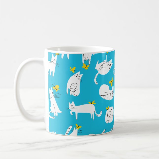 Seamless pattern with funny cats playing with butt coffee mug (Left)