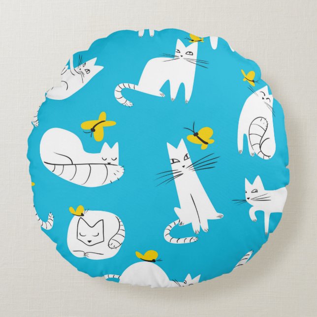 Seamless pattern with funny cats playing with butt round cushion (Front)