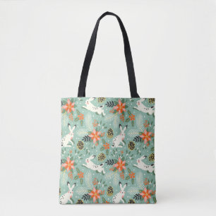 seamless pattern with funny white rabbits and the tote bag