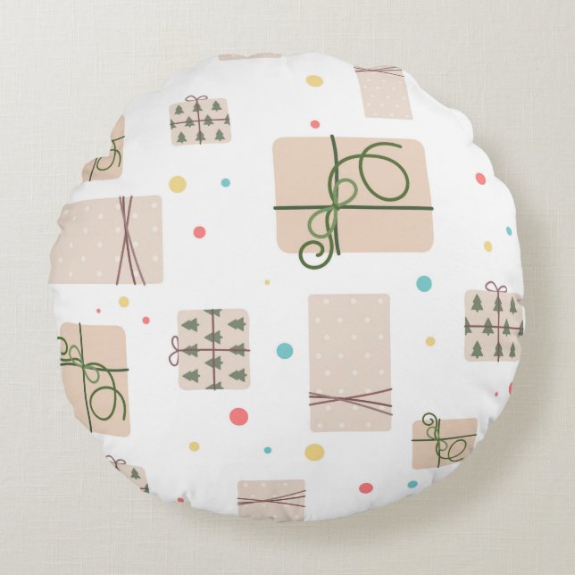 Seamless pattern with gift boxes. Gifts Packed in  Round Cushion (Front)
