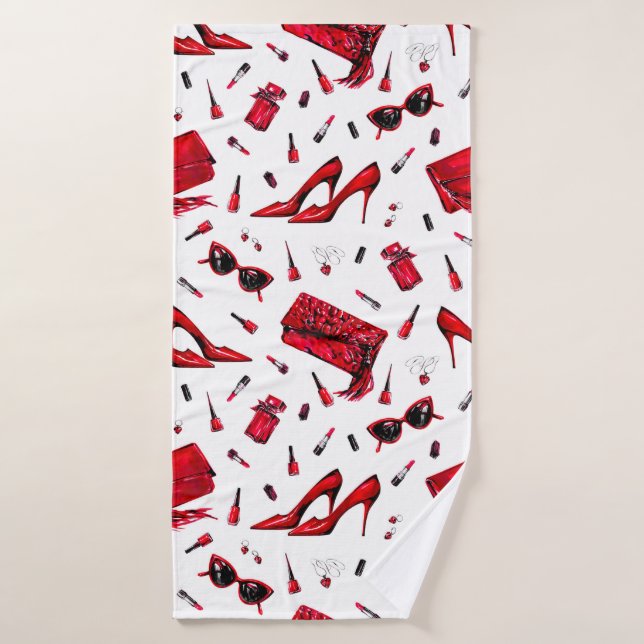 Seamless pattern with girl things in red colour bath towel (Bath Towel)
