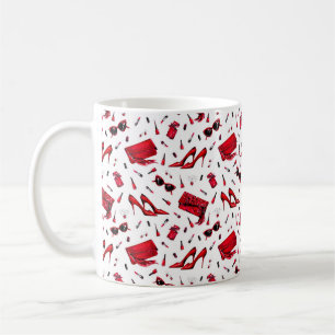 Seamless pattern with girl things in red colour coffee mug