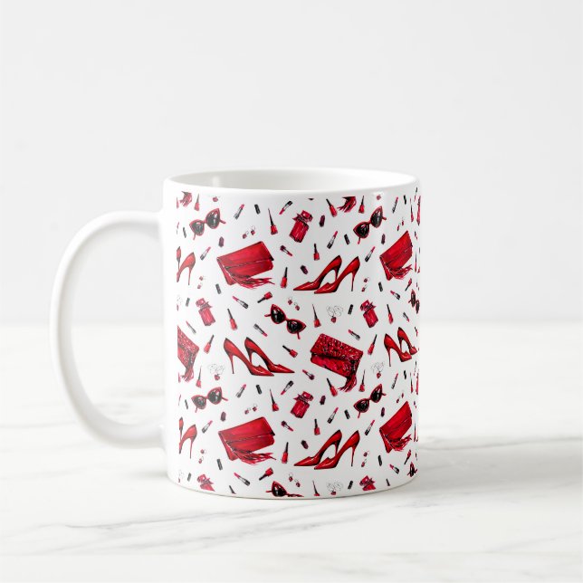 Seamless pattern with girl things in red colour coffee mug (Left)