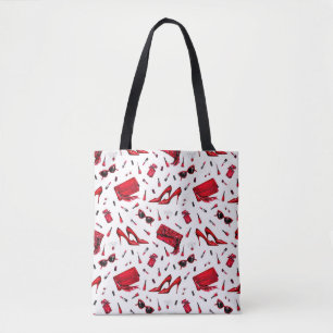 Seamless pattern with girl things in red colour tote bag