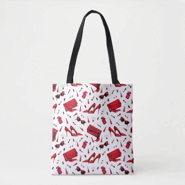 Seamless pattern with girl things in red colour tote bag (Front)