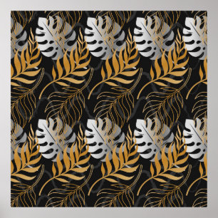 Seamless pattern with gold,  silver tropical plant poster