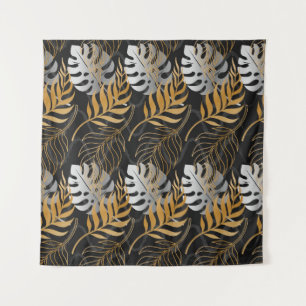 Seamless pattern with gold, silver tropical plant tapestry