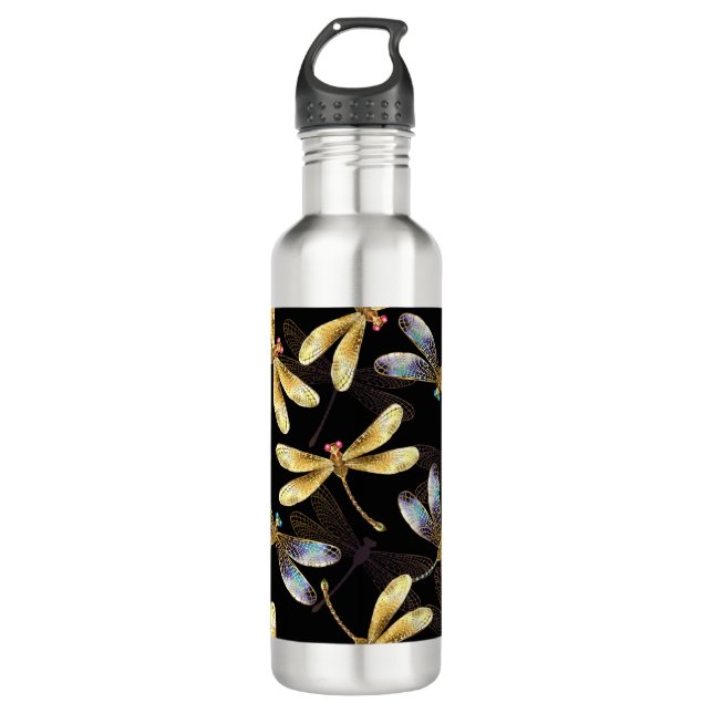 Seamless Pattern with Golden Dragonflies 710 Ml Water Bottle (Front)