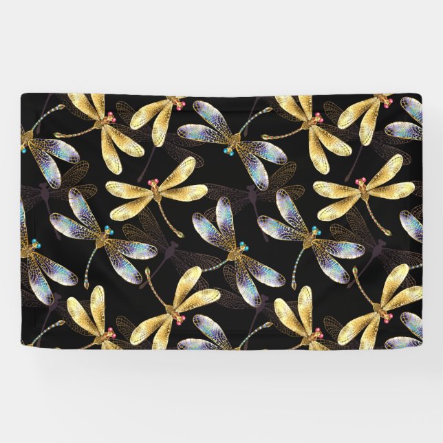 Seamless Pattern with Golden Dragonflies Banner (Horizontal)