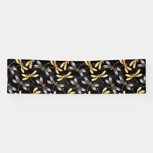 Seamless Pattern with Golden Dragonflies Banner (Horizontal)