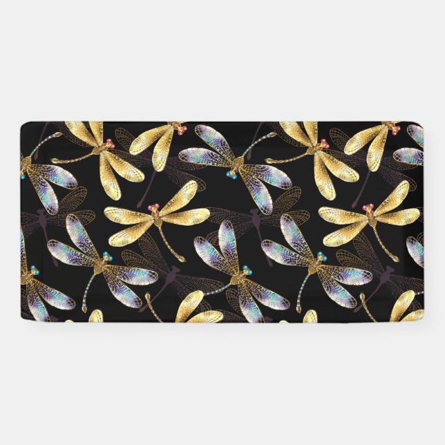 Seamless Pattern with Golden Dragonflies Banner (Horizontal)
