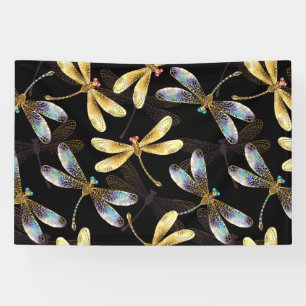 Seamless Pattern with Golden Dragonflies Banner