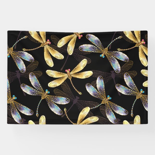 Seamless Pattern with Golden Dragonflies Banner (Horizontal)