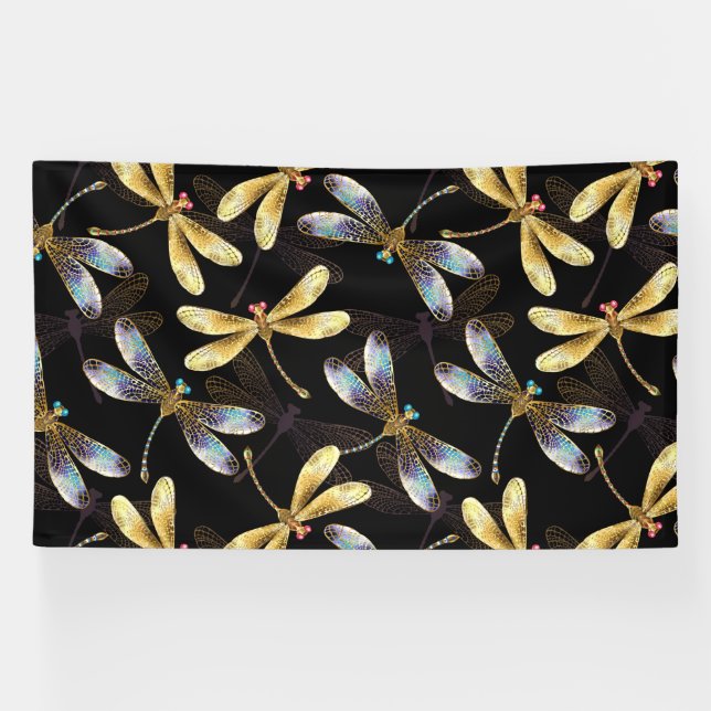 Seamless Pattern with Golden Dragonflies Banner (Horizontal)