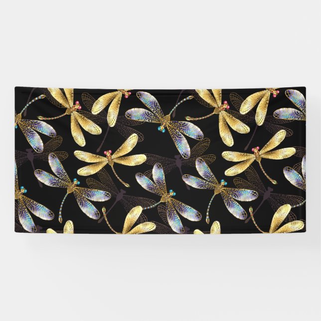 Seamless Pattern with Golden Dragonflies Banner (Horizontal)