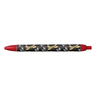 Seamless Pattern with Golden Dragonflies Black Ink Pen