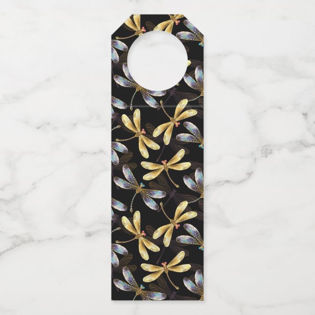 Seamless Pattern with Golden Dragonflies Bottle Tag (Front)