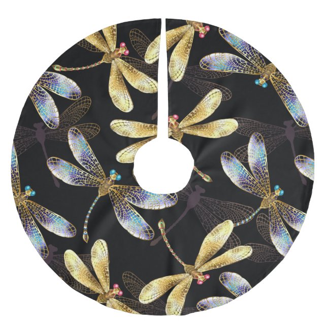 Seamless Pattern with Golden Dragonflies Brushed Polyester Tree Skirt (Front)