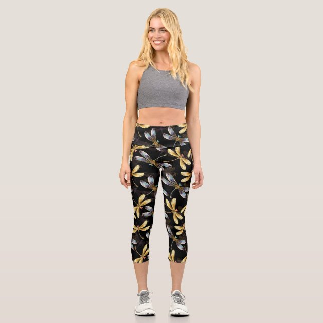 Seamless Pattern with Golden Dragonflies Capri Leggings (Front)