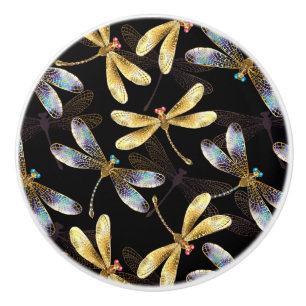 Seamless Pattern with Golden Dragonflies Ceramic Knob