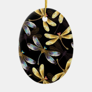 Seamless Pattern with Golden Dragonflies Ceramic Ornament