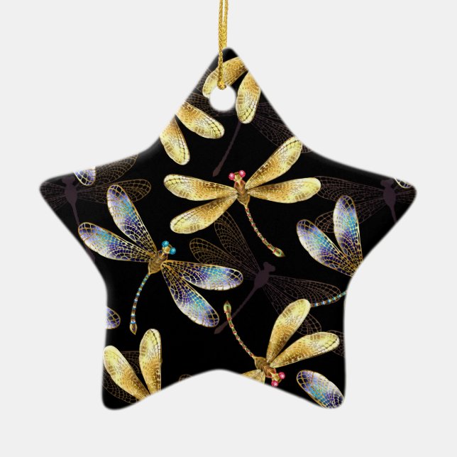 Seamless Pattern with Golden Dragonflies Ceramic Ornament (Front)