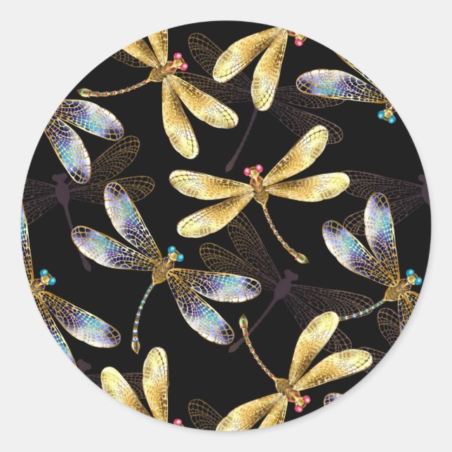Seamless Pattern with Golden Dragonflies Classic Round Sticker (Front)