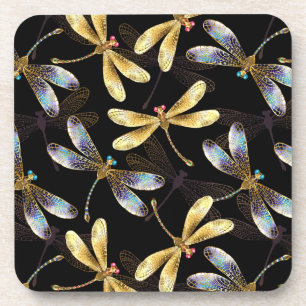Seamless Pattern with Golden Dragonflies Coaster