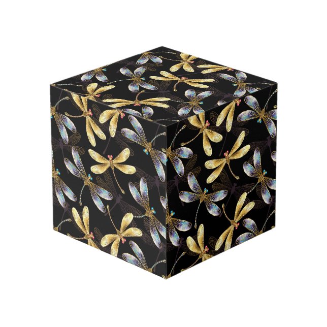 Seamless Pattern with Golden Dragonflies Cube (Front Angled)