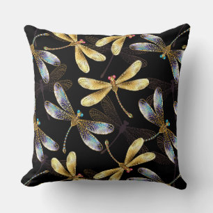 Seamless Pattern with Golden Dragonflies Cushion