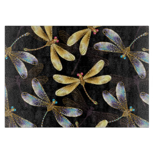 Seamless Pattern with Golden Dragonflies Cutting Board