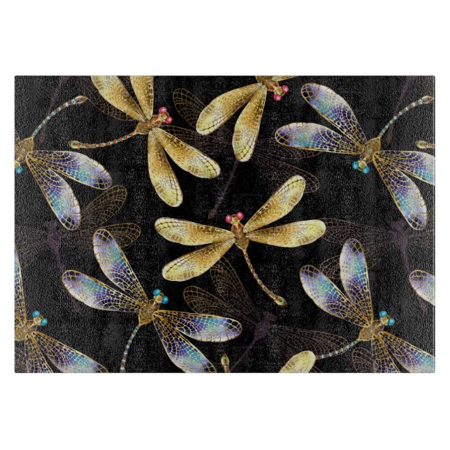 Seamless Pattern with Golden Dragonflies Cutting Board (Front)