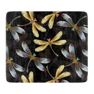 Seamless Pattern with Golden Dragonflies Cutting Board